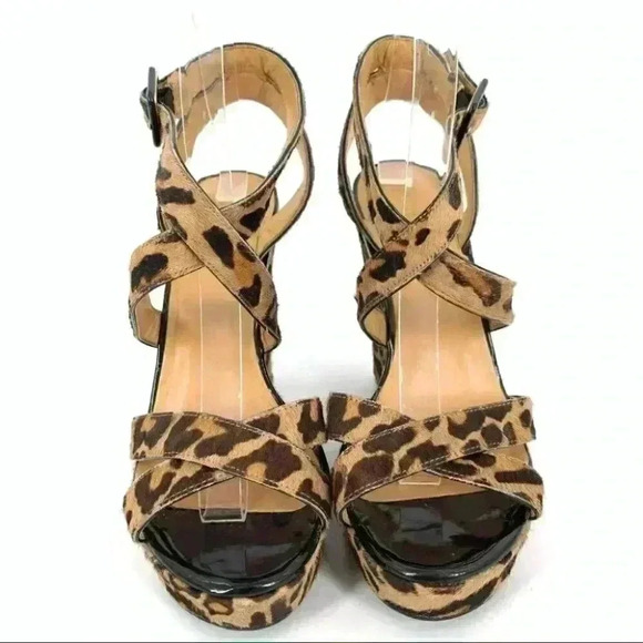 Nine West womens Fannyr heels size 8 brown cheetah calf hair platform wedges - Picture 2 of 14